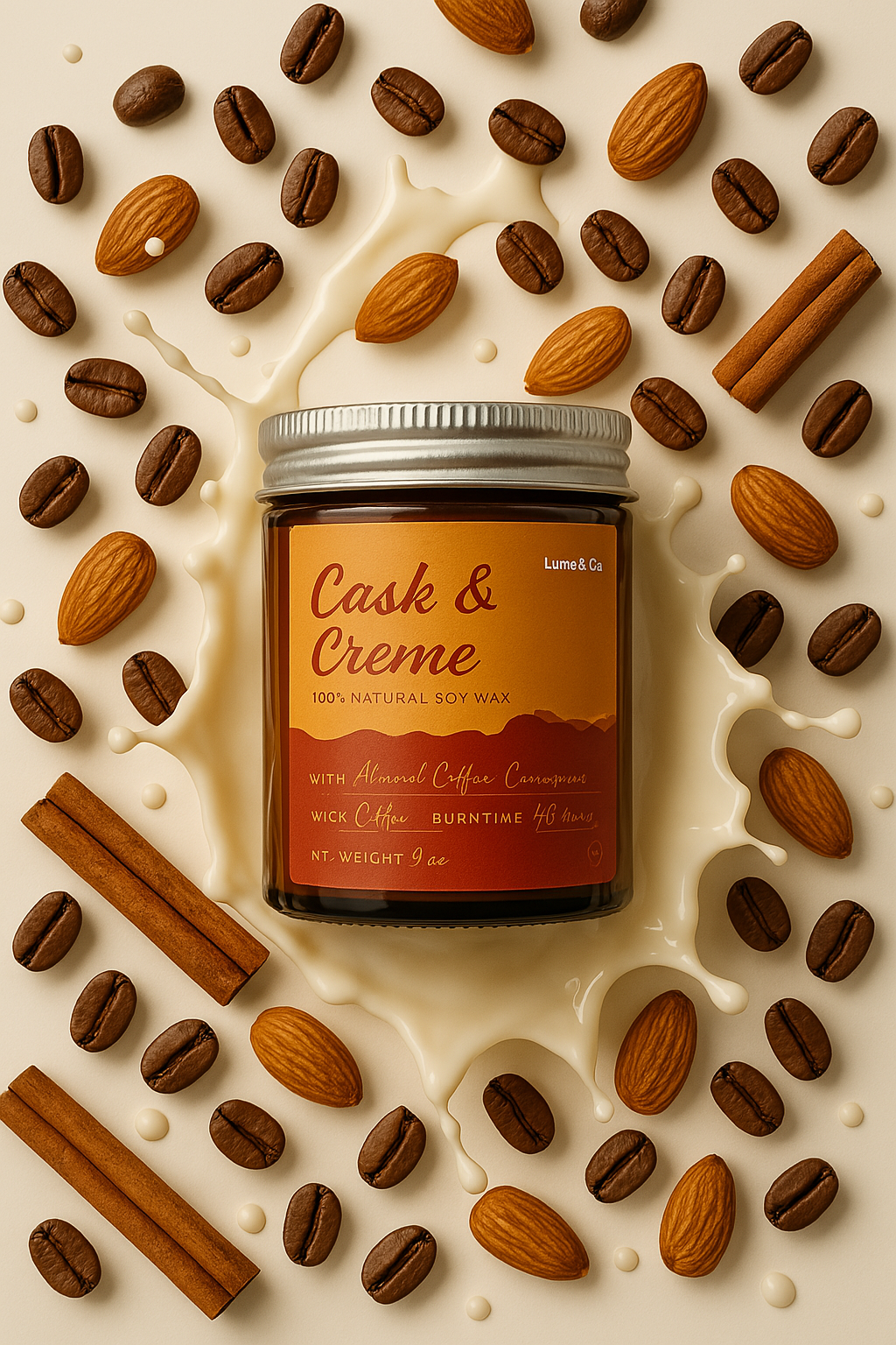 Cask & Creme Exclusive Soy wax candle with coffee, almond milk and cinnamon designed in a creative editorial style poster