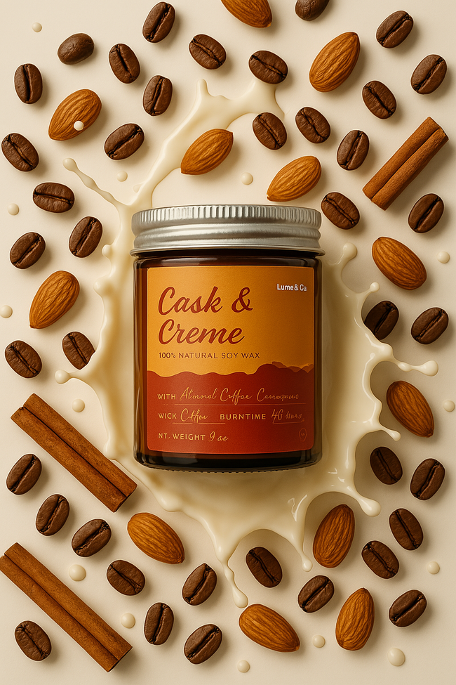 Cask & Creme Exclusive Soy wax candle with coffee, almond milk and cinnamon designed in a creative editorial style poster