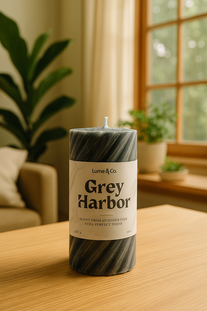 Grey Harbor Spiral Pillar Candle by Lume & Co. | decorative candle