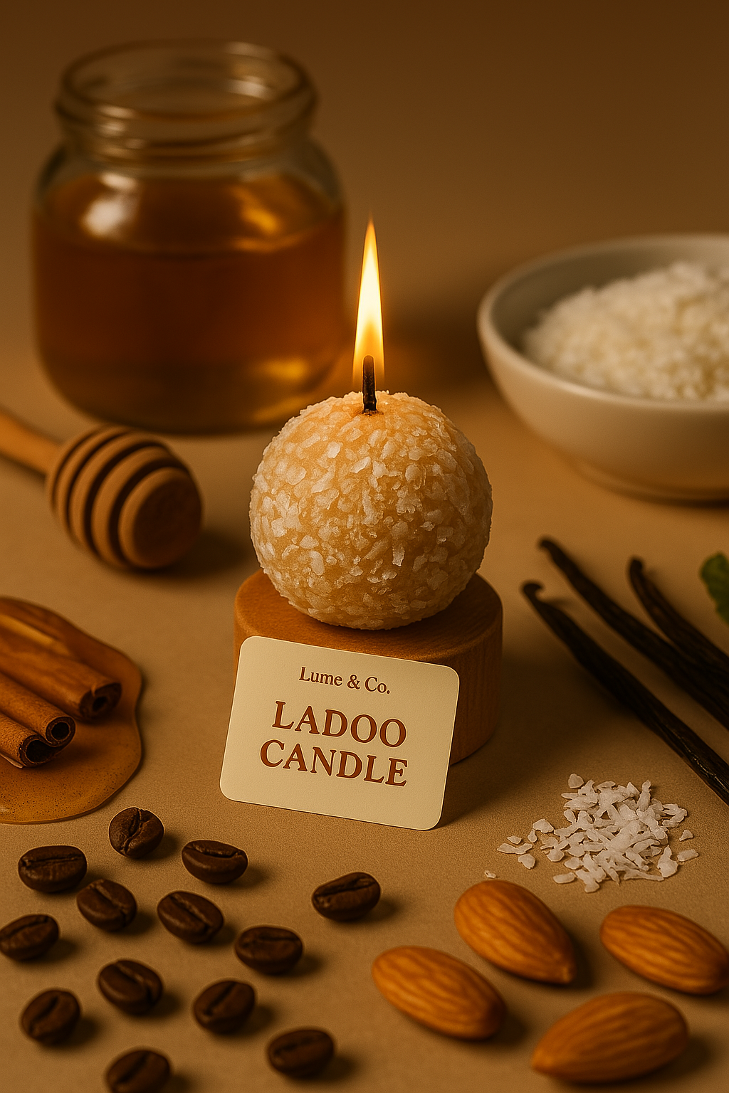Coconut & Ladoo scented candle by Lume & Co. Burning on a tabletop with brand tag 