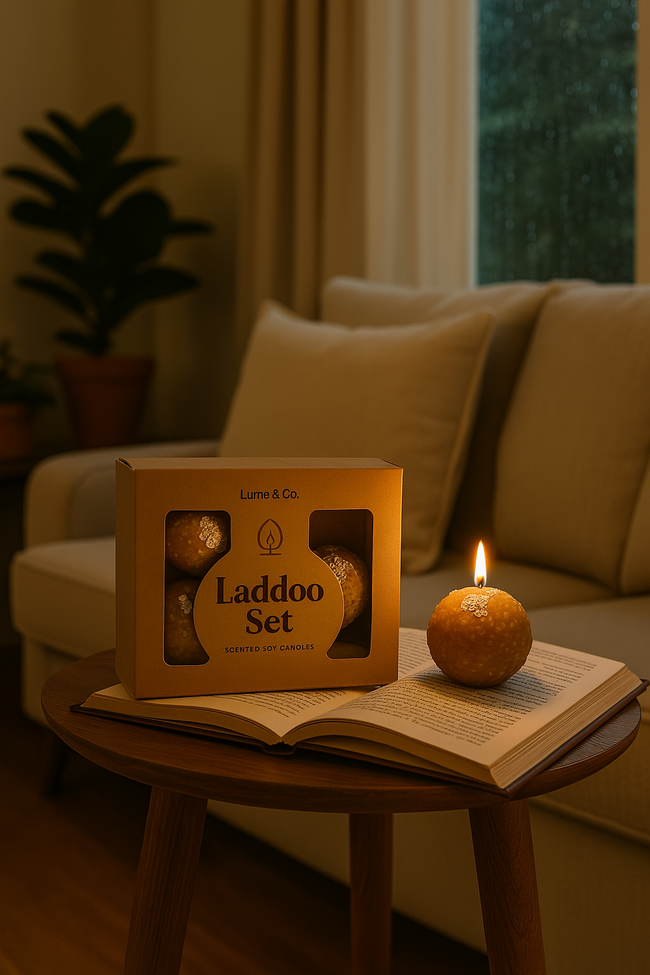 A pack of laddoo candles by Lume & Co. In an aesthetic room