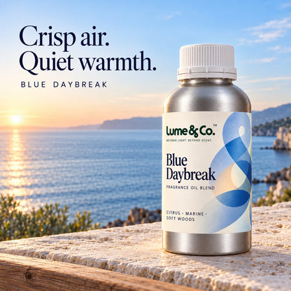 Blue Daybreak fresh aquatic fragrance oil blend with coastal sunrise backdrop and crisp air quiet warmth message