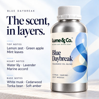 Blue Daybreak fragrance notes showing lemon zest, green apple, mint, water lily, lavender, marine accord, white musk, cedarwood, tonka bean and soft amber
