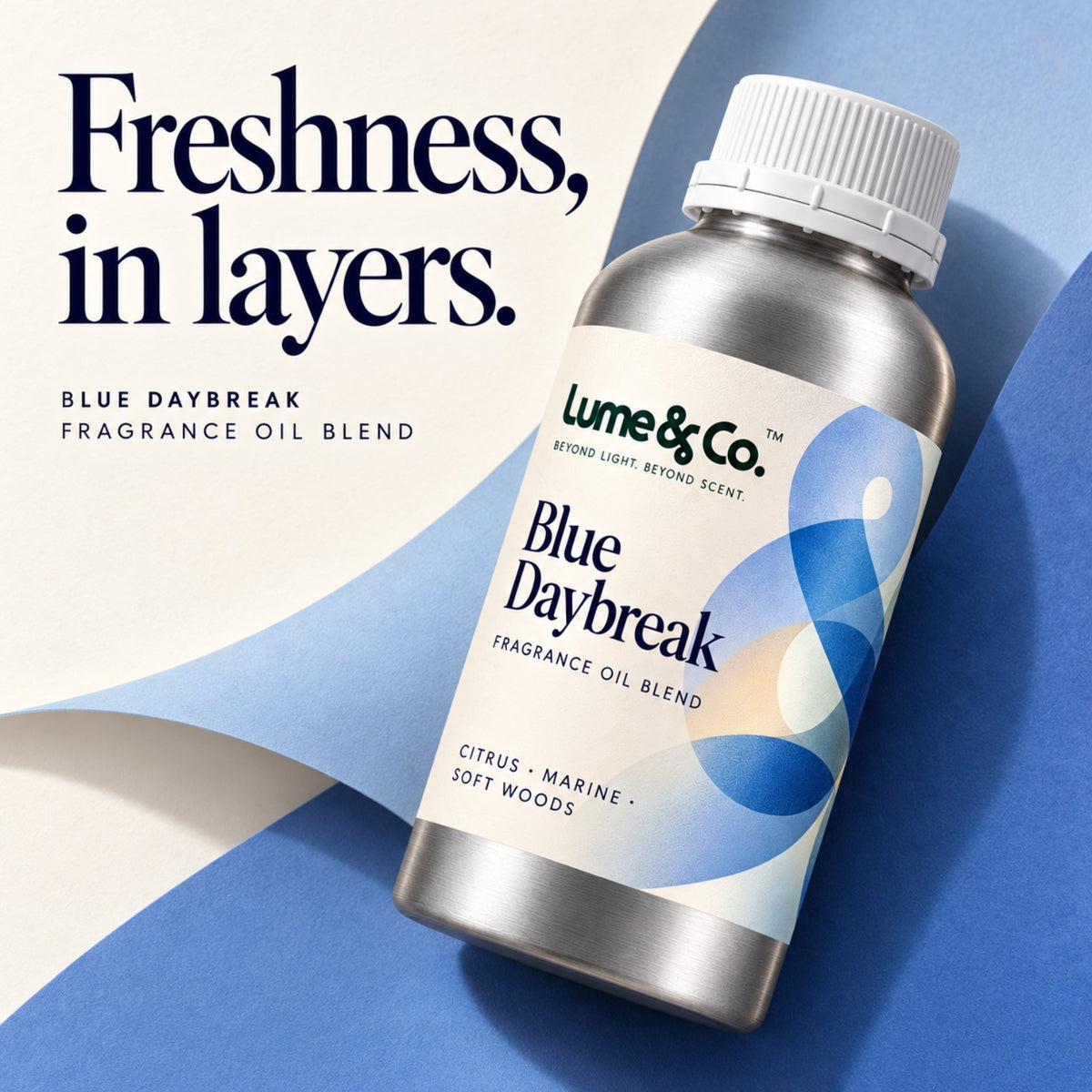 Blue Daybreak fragrance oil blend bottle with citrus, marine and soft woods positioning and Freshness in layers message