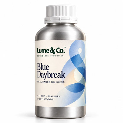Blue Daybreak fragrance oil blend bottle on white background with citrus marine and soft woods scent profile