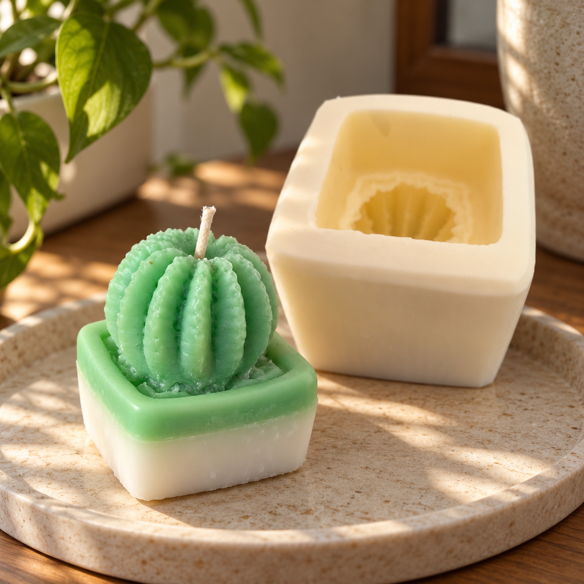Illustrative cactus candle and silicone mould on a stone tray in natural window light