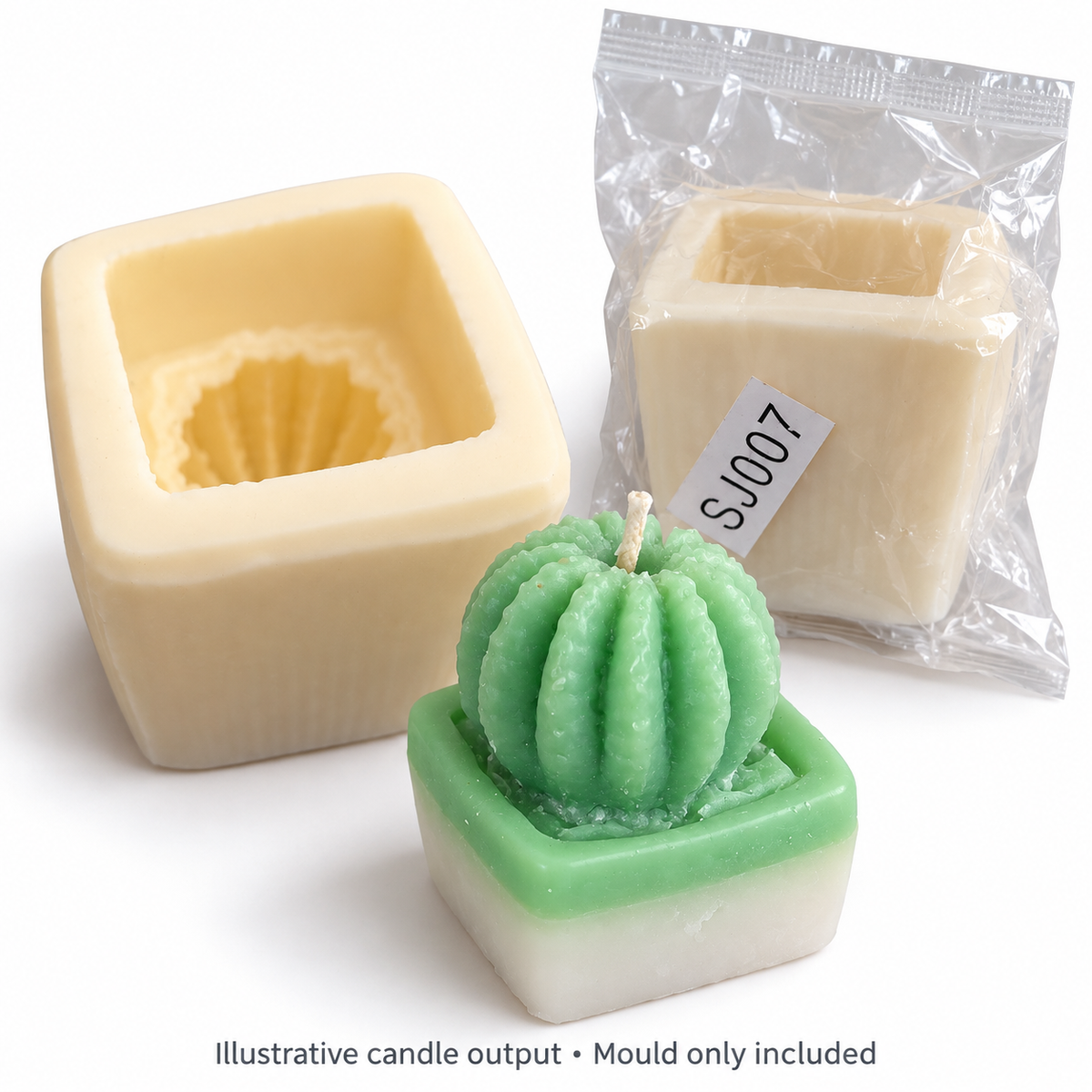 Illustrative green cactus wax candle with square base beside unpacked and packaged silicone mould