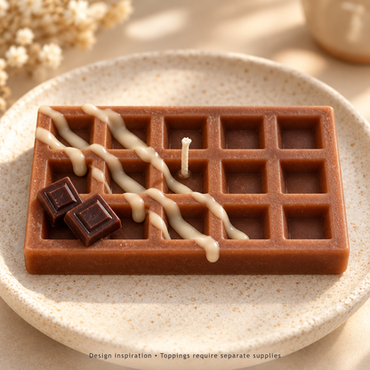 Chocolate-inspired waffle candle with ivory wax drizzle and separate chocolate-shaped wax embeds