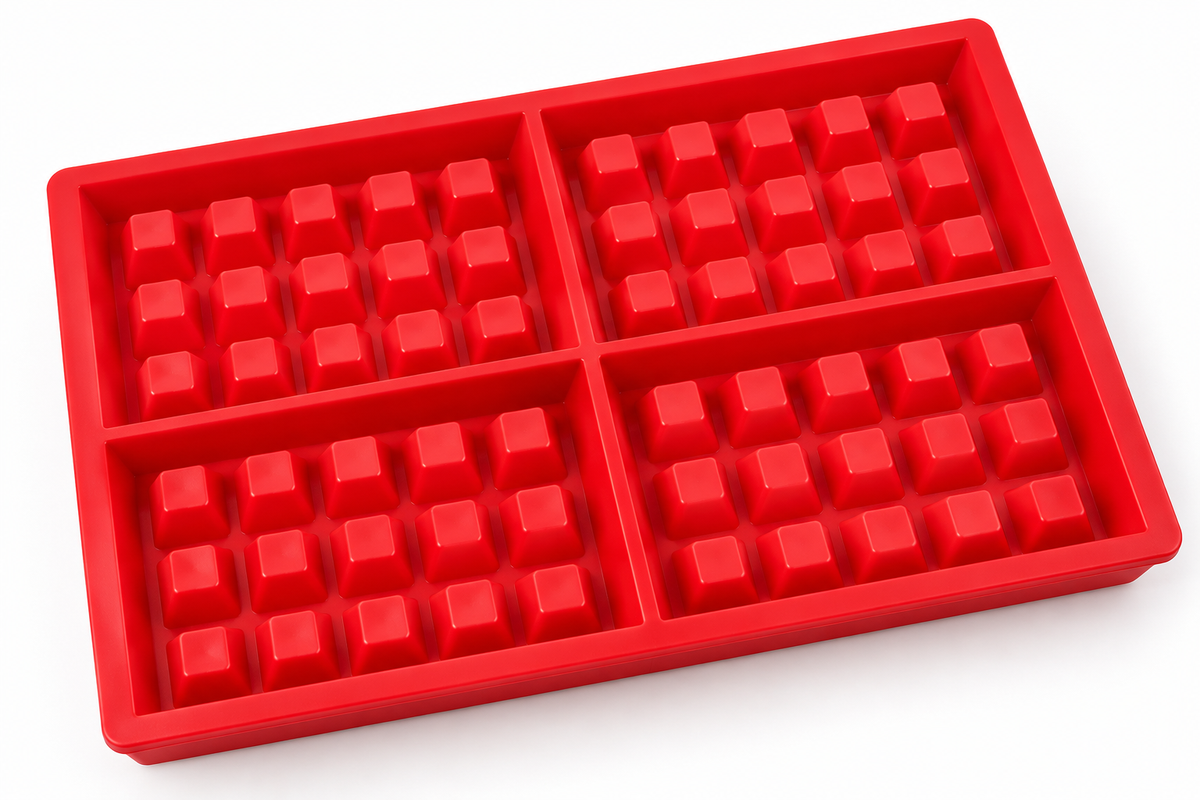 Red four-cavity rectangular waffle candle mould on a white background