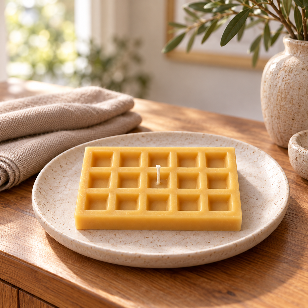 Illustrative golden waffle candle on a ceramic plate in natural light
