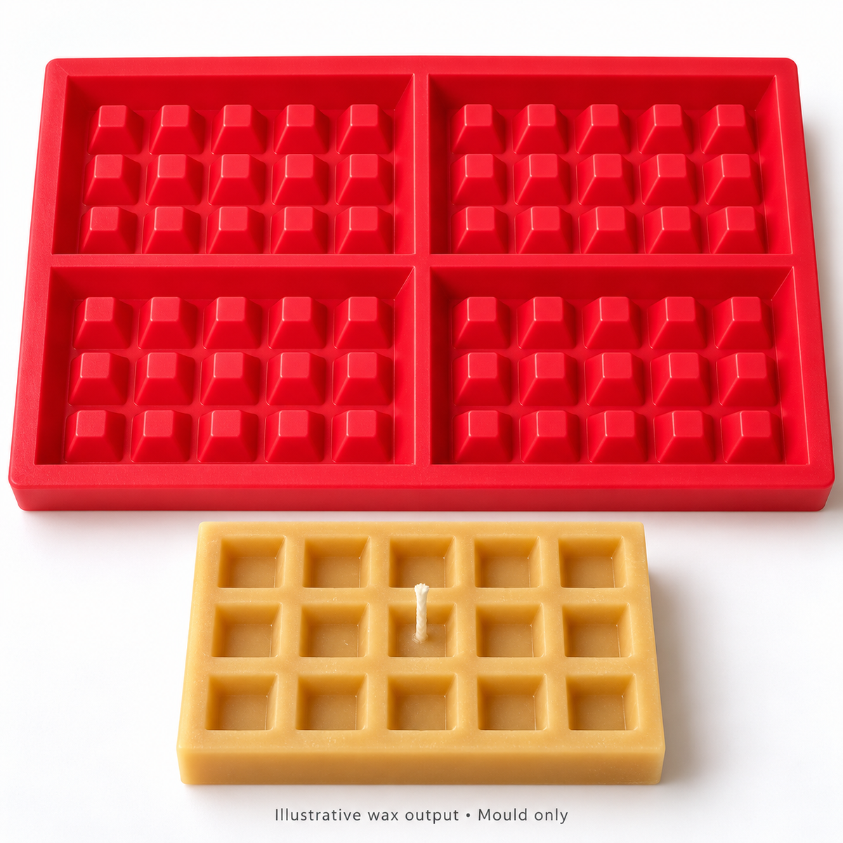 Illustrative golden waffle wax candle beside the four-cavity mould