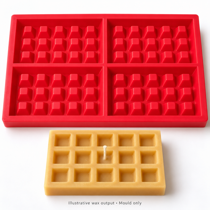 Illustrative golden waffle wax candle beside the four-cavity mould