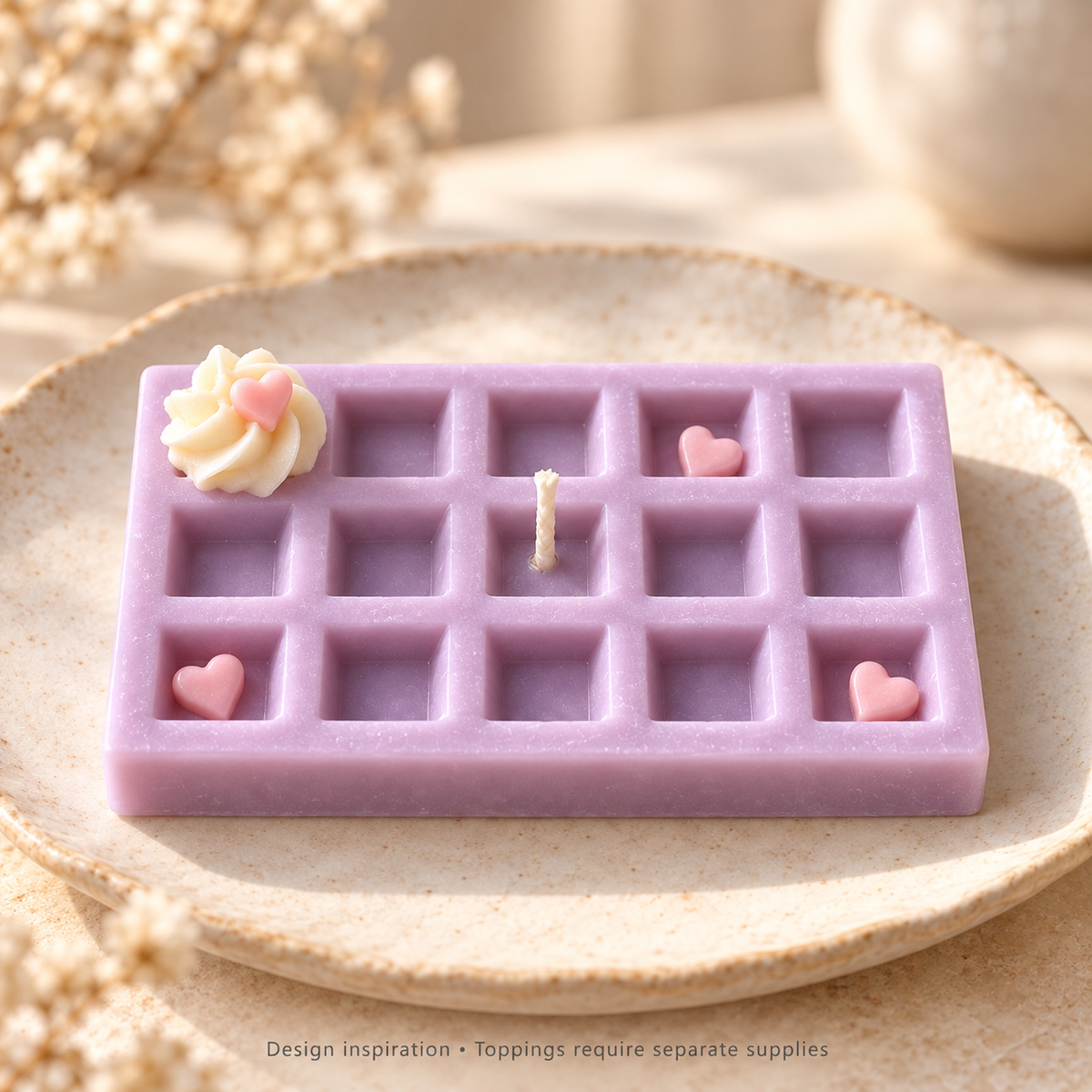 Pastel lavender waffle candle design with whipped wax and separate pink heart embeds