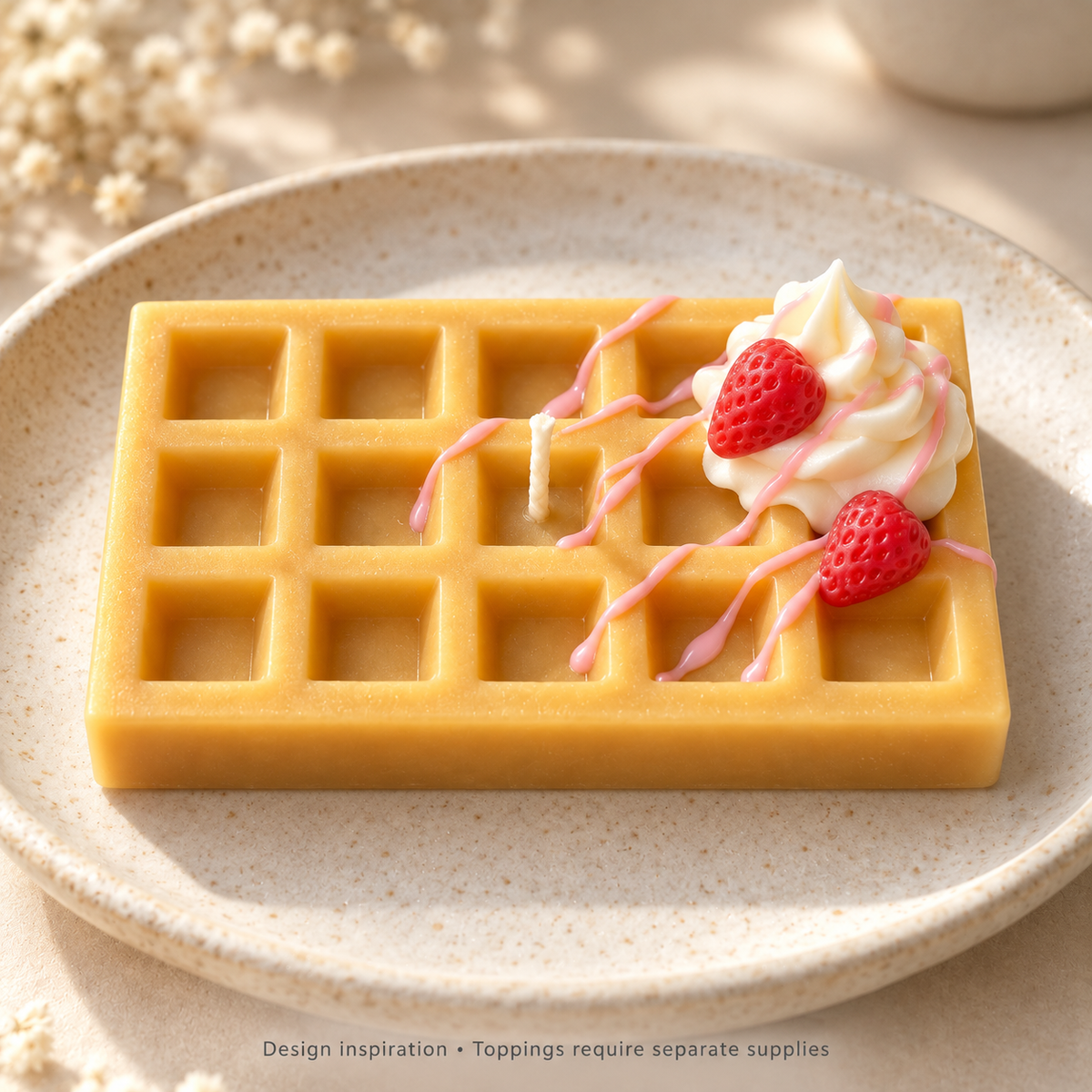 Strawberry-inspired waffle candle design with whipped wax and separately made strawberry wax embeds