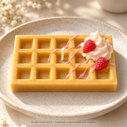 Strawberry-inspired waffle candle design with whipped wax and separately made strawberry wax embeds