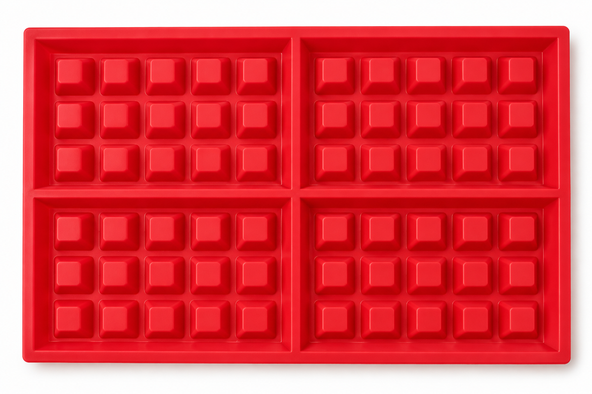 Overhead view of four rectangular waffle mould cavities, each with fifteen raised blocks