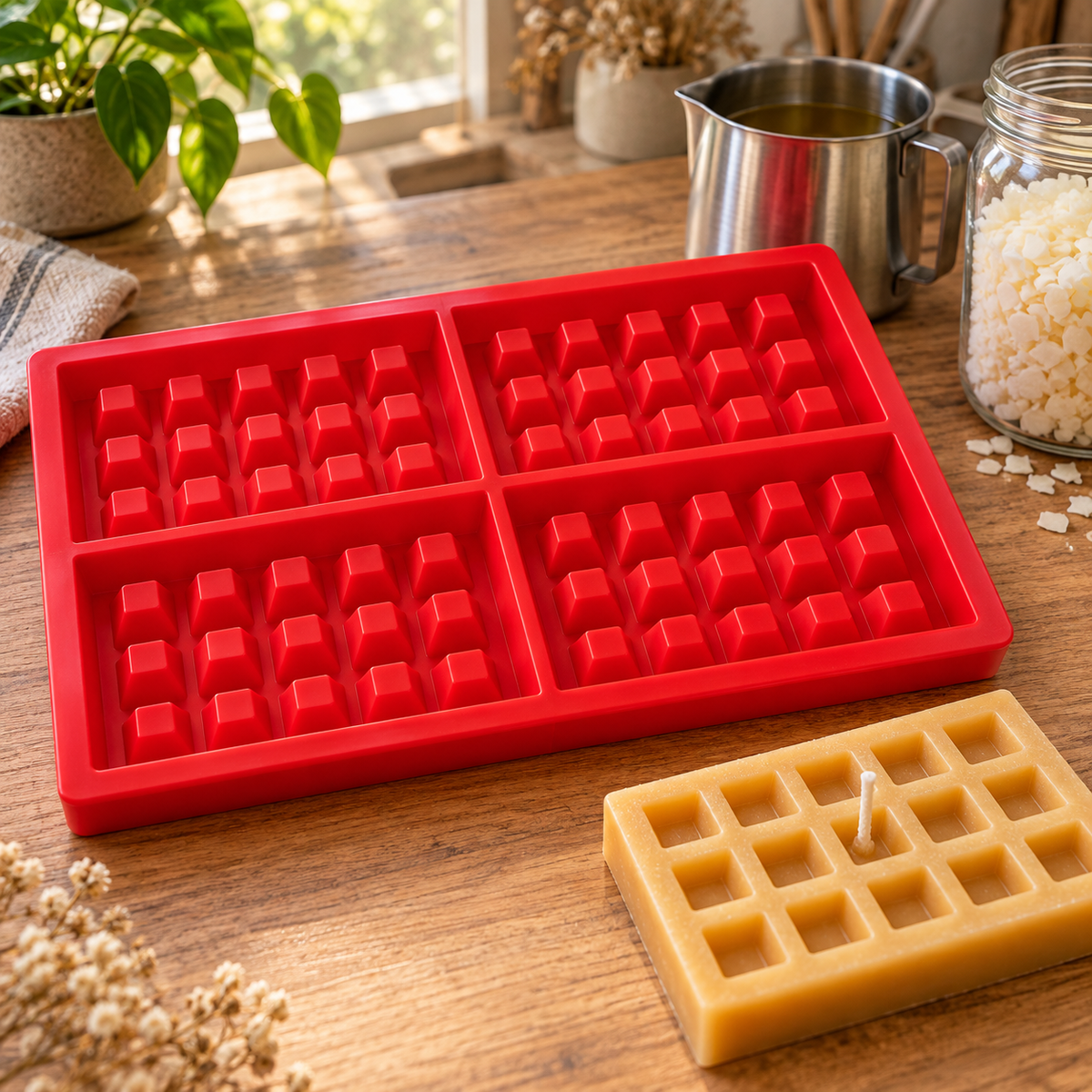 Red waffle candle mould and illustrative wax waffle on a candle-making worktable