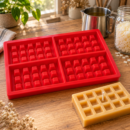 Red waffle candle mould and illustrative wax waffle on a candle-making worktable
