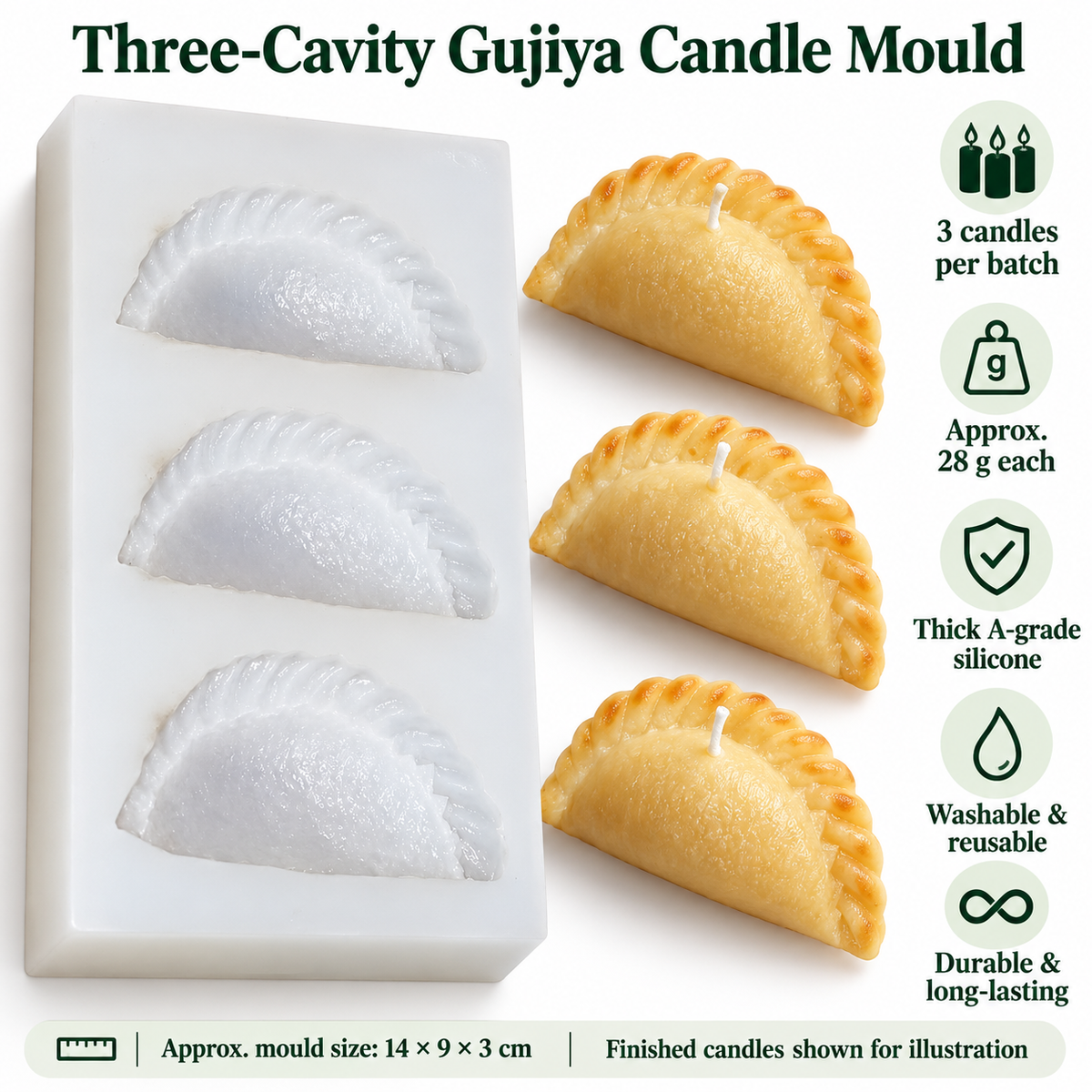 Gujiya mould features: three cavities, approximately 28 g per candle, washable reusable silicone