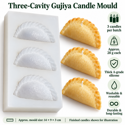 Gujiya mould features: three cavities, approximately 28 g per candle, washable reusable silicone