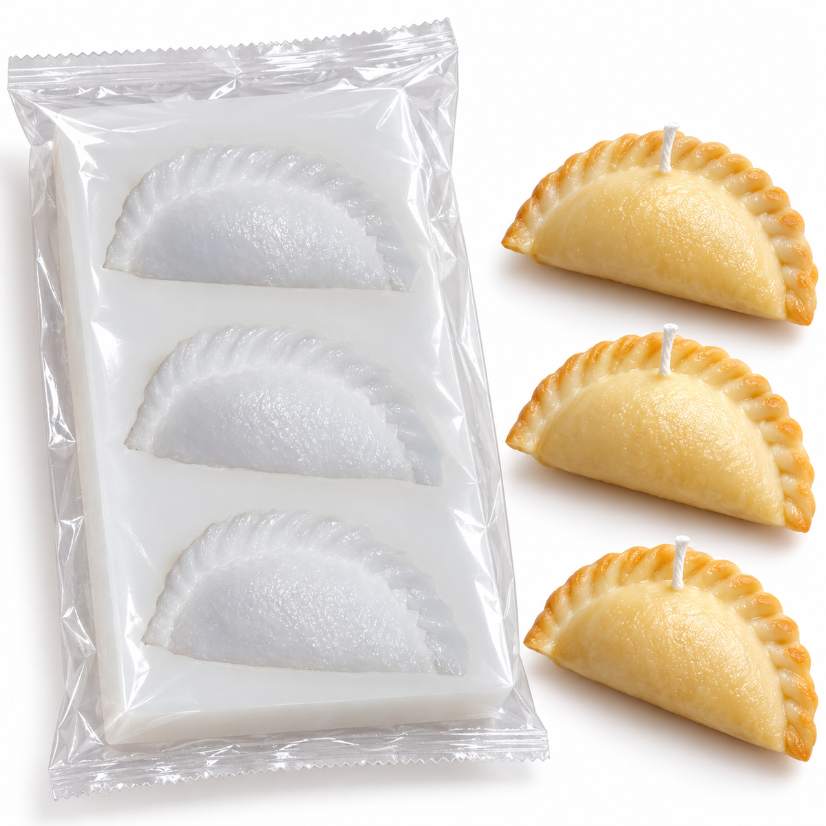 Gujiya candle mould in clear protective packaging with illustrative finished wax candles