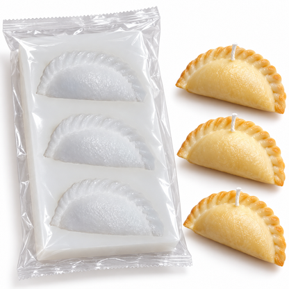 Gujiya candle mould in clear protective packaging with illustrative finished wax candles