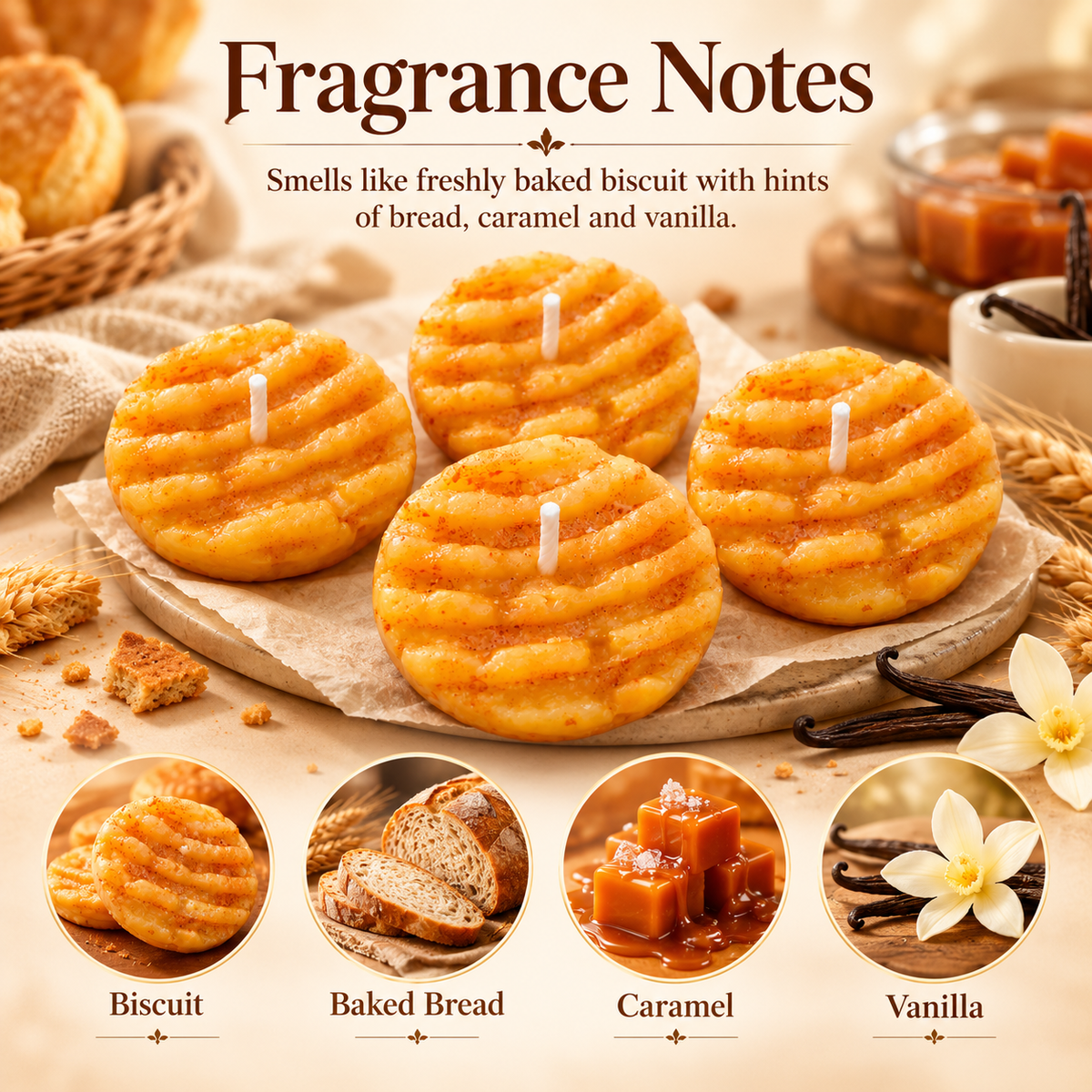 Fragrance notes: biscuit aroma, freshly baked bread, caramel and vanilla from Lume & Co. scented candles