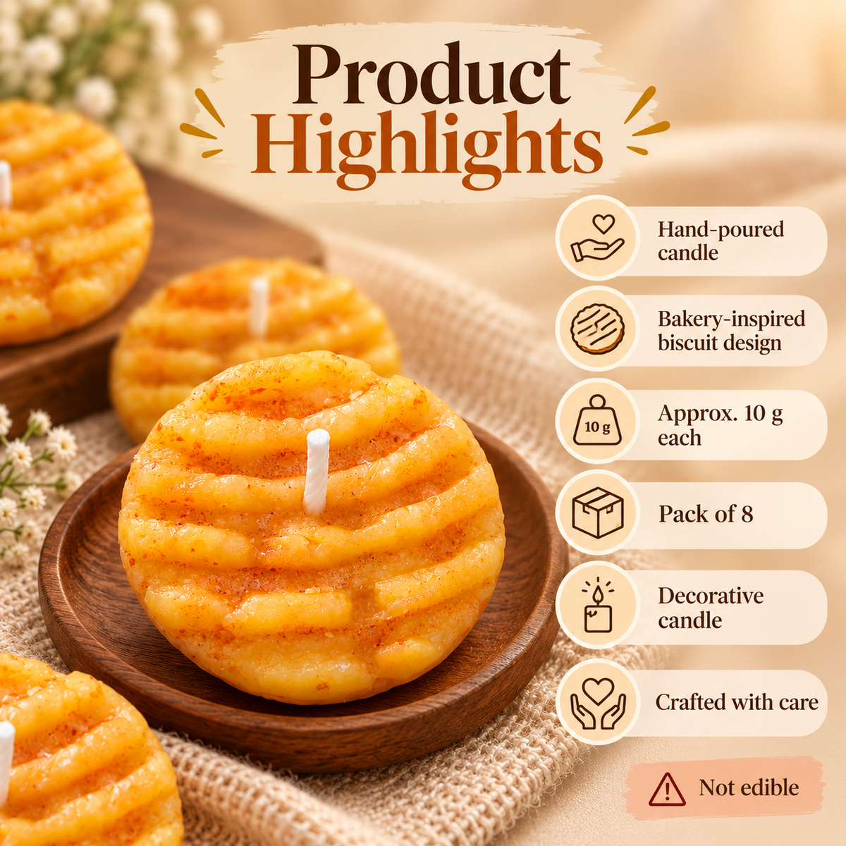 Highlights for biscuit shaped scented candles, handmade baked biscuit shape, pack of eight and not edible safety warning