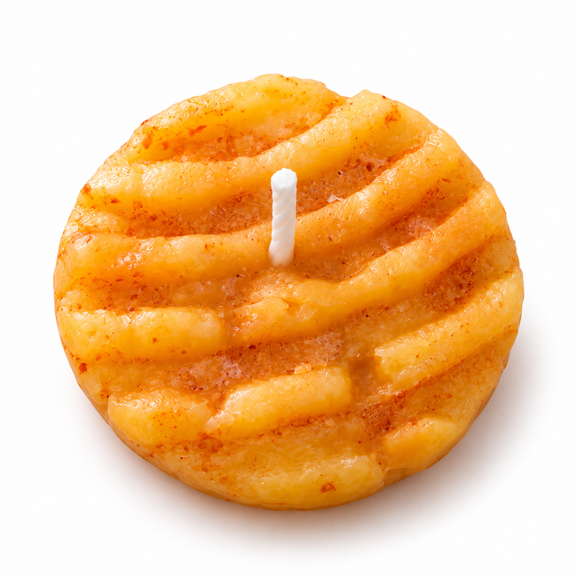 Close up of one 10 gram biscuit shaped novelty candle with golden buttery ridges and central wick