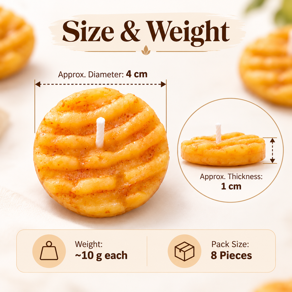 Butter biscuit candle size infographic showing 4 cm diameter, 1 cm thickness, approximately 10 grams per candle, pack of eight