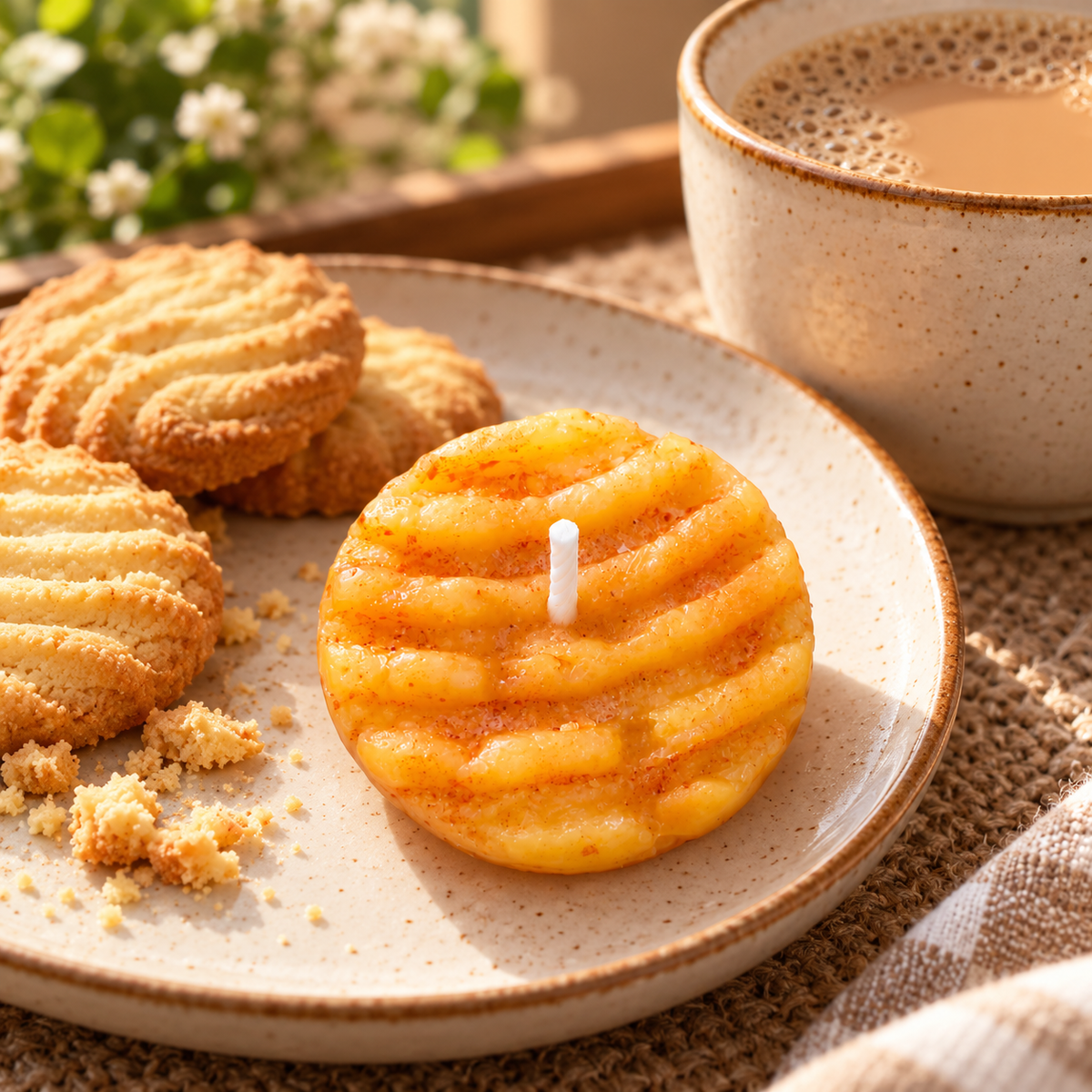 Biscuit scented decorative candle on ceramic plate in cozy chai and bakery inspired home decor setting