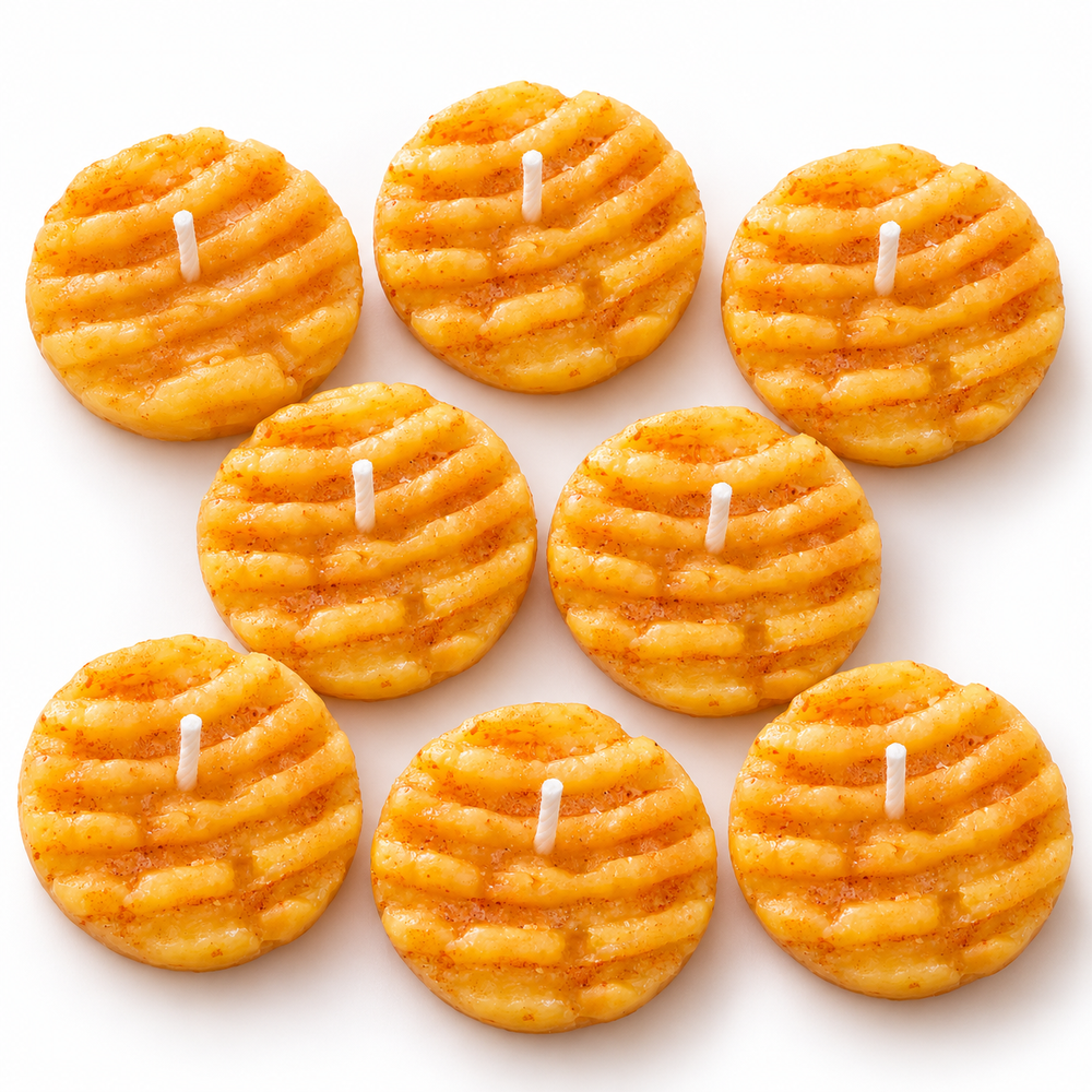 Lume & Co. butter biscuit scented candles pack of 8, golden ridged biscuit shaped candles with centred cotton wicks on white background
