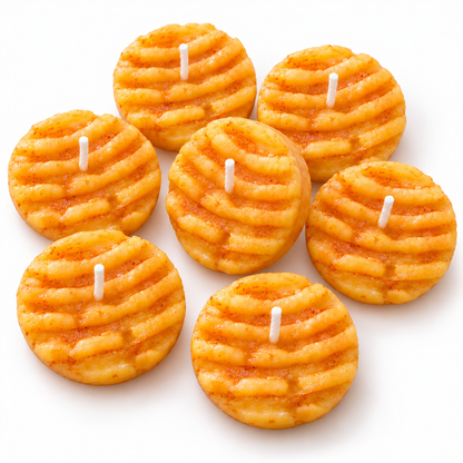 Eight handmade biscuit candle pieces arranged on white, showing detailed ridged wax texture