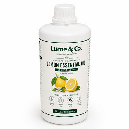 Lemon essential oil 500 ml angled product pack shot on white background