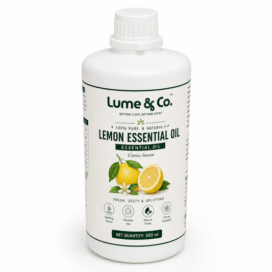 Lemon essential oil 500 ml angled product pack shot on white background