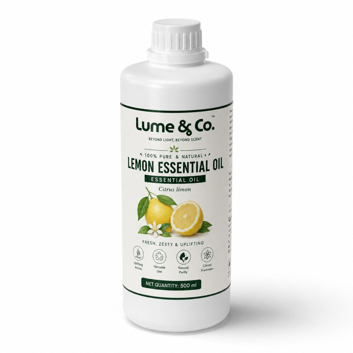 Lemon essential oil 500 ml front pack shot showing Citrus limon label and fresh zesty aroma