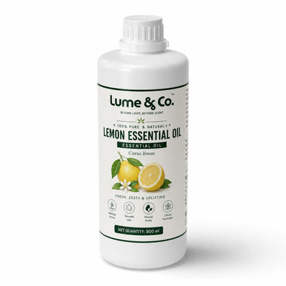 Lemon essential oil 500 ml front pack shot showing Citrus limon label and fresh zesty aroma