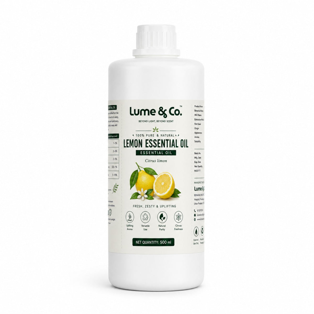 Lemon essential oil 500 ml bottle on white background with product label visible