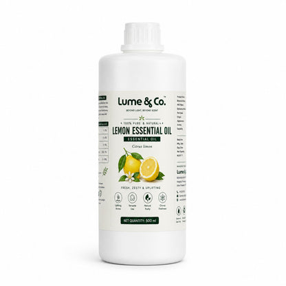 Lemon essential oil 500 ml bottle on white background with product label visible