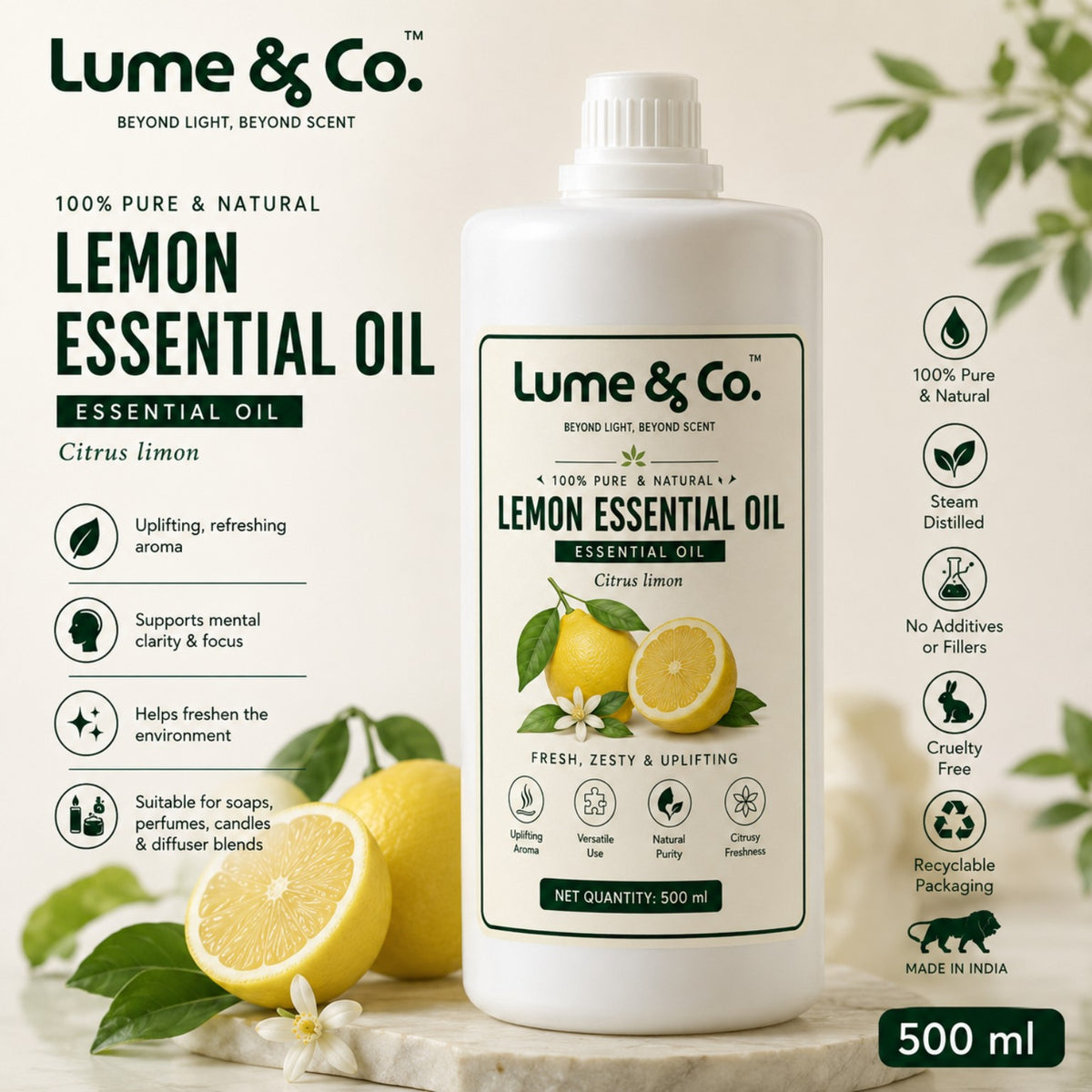 Lemon essential oil 500 ml bottle with fresh lemons, highlighting pure natural Citrus limon oil