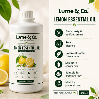 Lemon essential oil product infographic showing fresh zesty aroma, Citrus limon and aromatherapy use