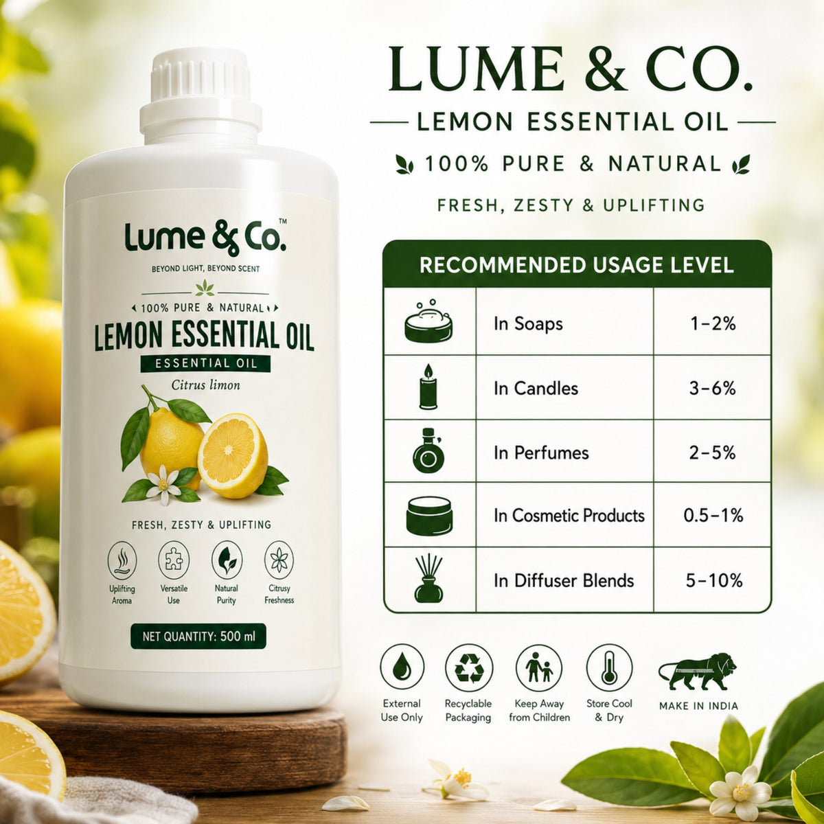 Lemon essential oil usage guide for soaps, candles, perfumes, cosmetics and diffuser blends