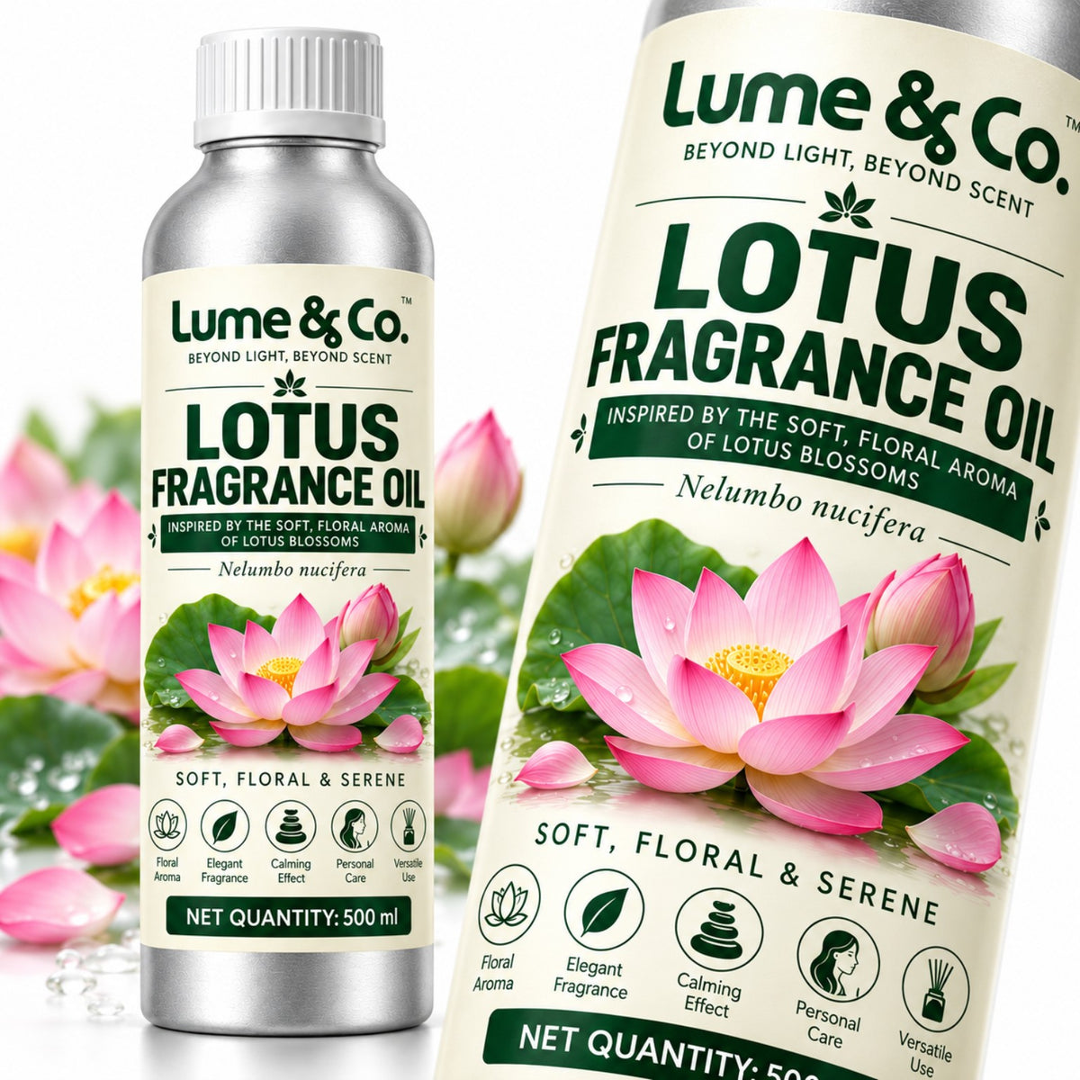 Lotus fragrance oil 500 ml bottle and close-up label with soft floral serene scent positioning