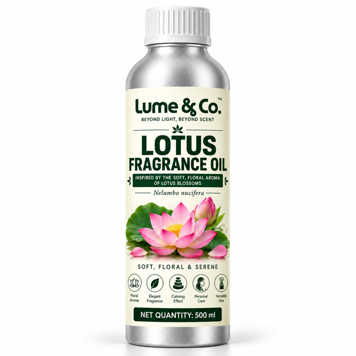 Lotus fragrance oil 500 ml bottle with soft floral lotus blossom label on white background