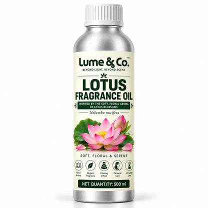 Lotus fragrance oil 500 ml bottle with soft floral lotus blossom label on white background
