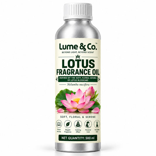 Lotus fragrance oil 500 ml bottle with soft floral lotus blossom label on white background