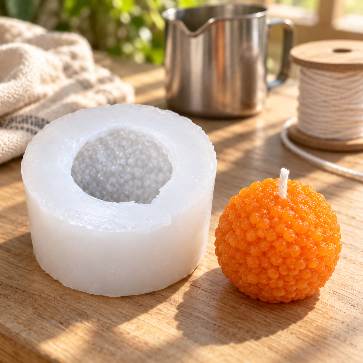 Laddu silicone mould on a DIY candle-making worktop with wax pitcher and wick spool