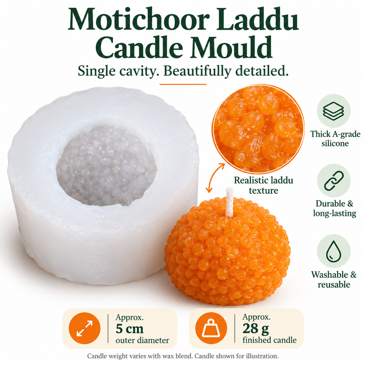 Motichoor candle mould features with approximate 5 cm outer diameter and 28 g candle output
