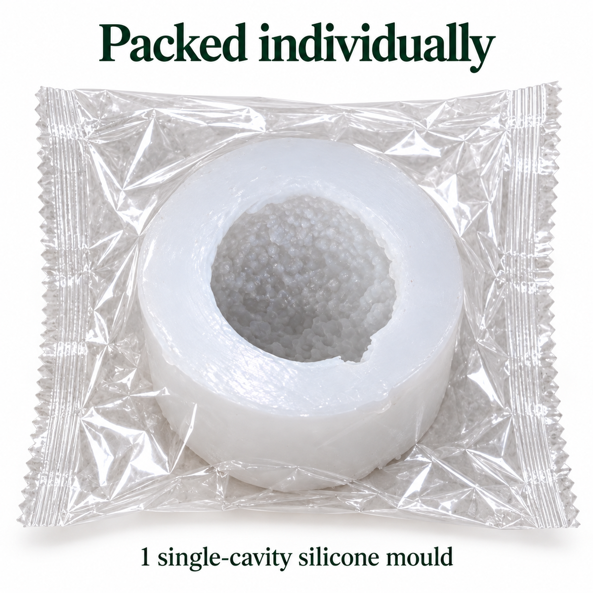 One single-cavity silicone candle mould packed in a clear sealed pouch