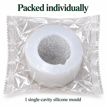 One single-cavity silicone candle mould packed in a clear sealed pouch